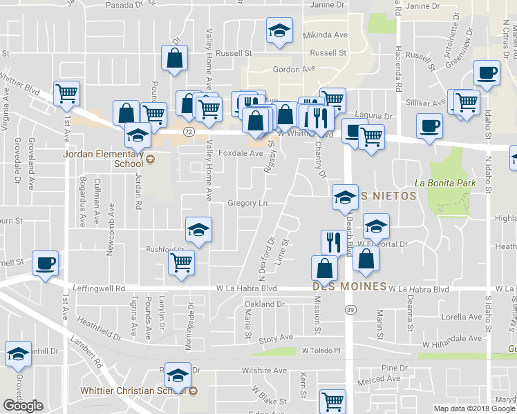 map of restaurants, bars, coffee shops, grocery stores, and more near 2400 Gregory Lane in La Habra