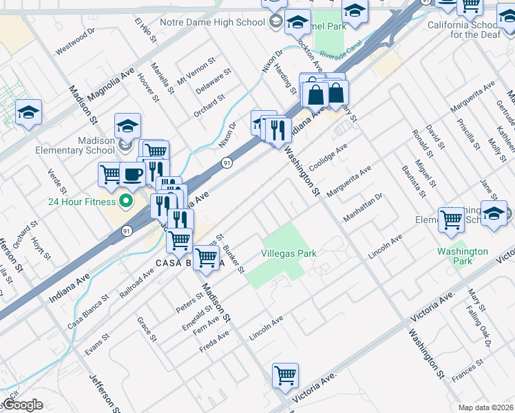 map of restaurants, bars, coffee shops, grocery stores, and more near 7273 Evans St in Riverside