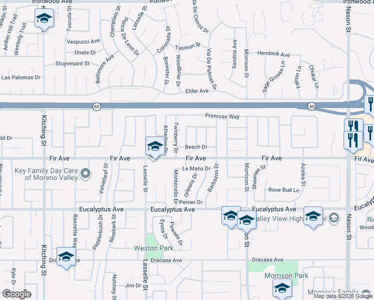 map of restaurants, bars, coffee shops, grocery stores, and more near 26207 Beech Drive in Moreno Valley