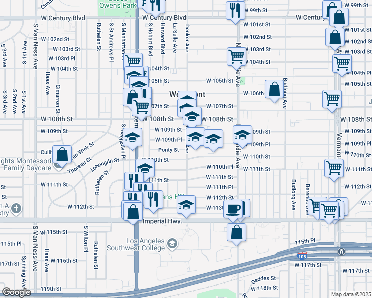 map of restaurants, bars, coffee shops, grocery stores, and more near 1601 Ponty Street in Los Angeles
