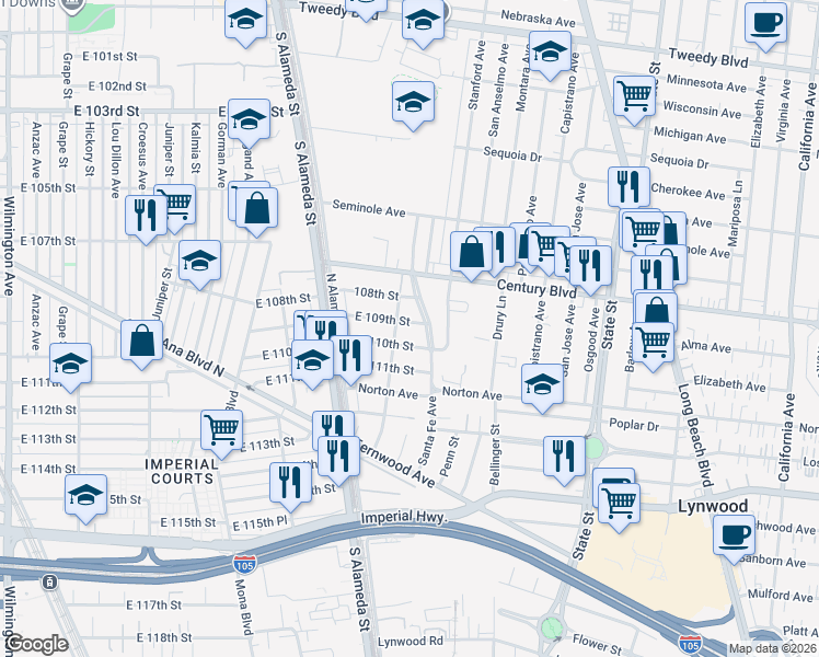 map of restaurants, bars, coffee shops, grocery stores, and more near 2714 East 109th Street in Lynwood