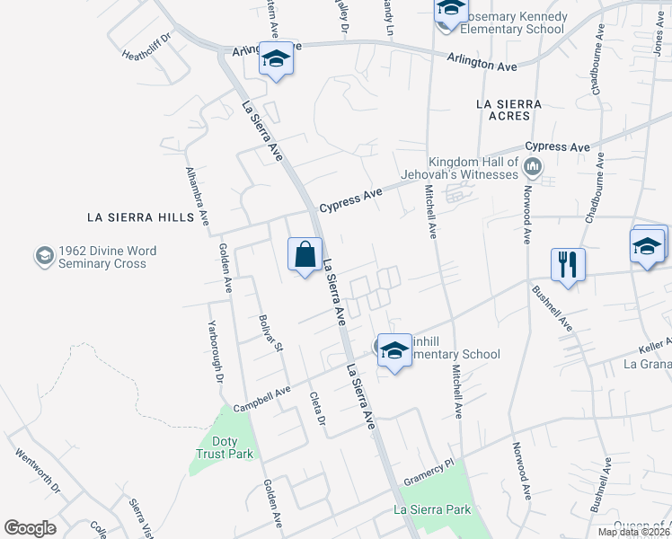 map of restaurants, bars, coffee shops, grocery stores, and more near 11039 Sierra Tree Lane in Riverside