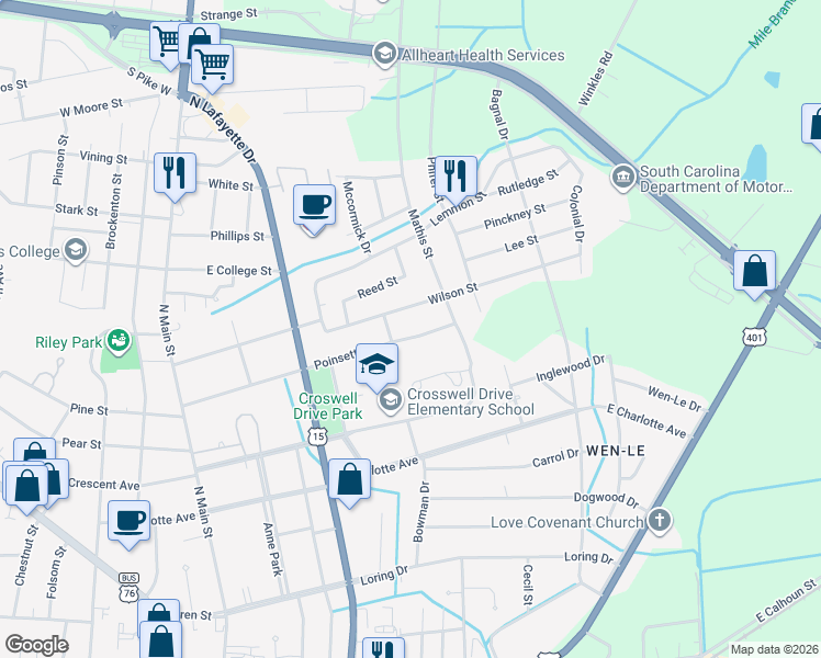 map of restaurants, bars, coffee shops, grocery stores, and more near 163 Poinsett Drive in Sumter