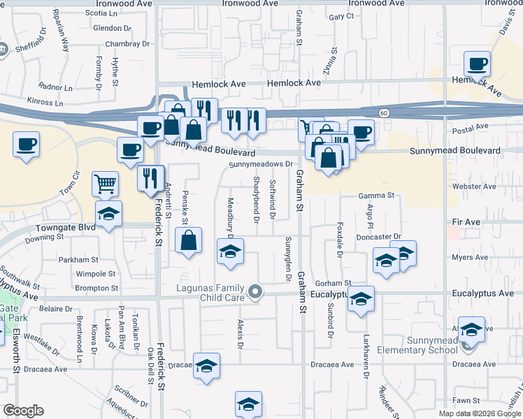 map of restaurants, bars, coffee shops, grocery stores, and more near 12686 Shadybend Drive in Moreno Valley