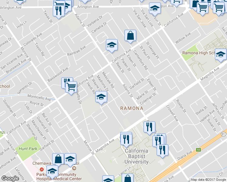 map of restaurants, bars, coffee shops, grocery stores, and more near 4046 Mescale Road in Riverside
