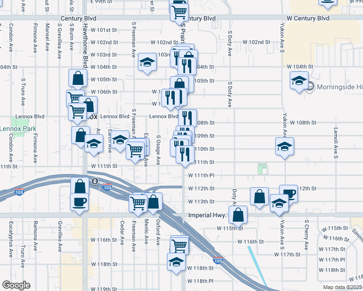 map of restaurants, bars, coffee shops, grocery stores, and more near 1923 West 110th Street in Inglewood
