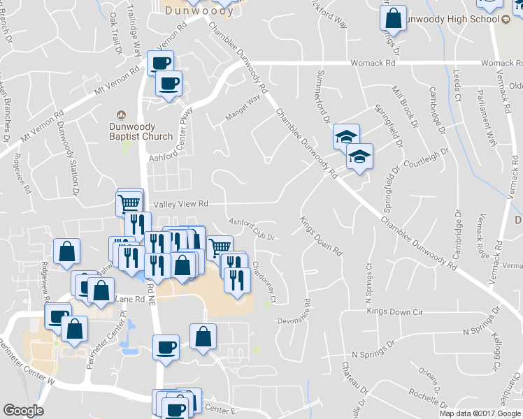 map of restaurants, bars, coffee shops, grocery stores, and more near 1411 Valley View Road in Dunwoody