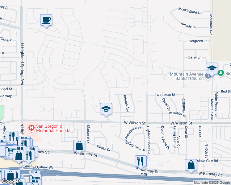 map of restaurants, bars, coffee shops, grocery stores, and more near 5215 West Gilman Street in Banning