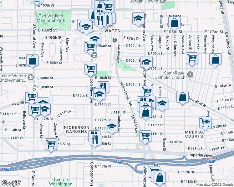 map of restaurants, bars, coffee shops, grocery stores, and more near 1693 East 110th Street in Los Angeles