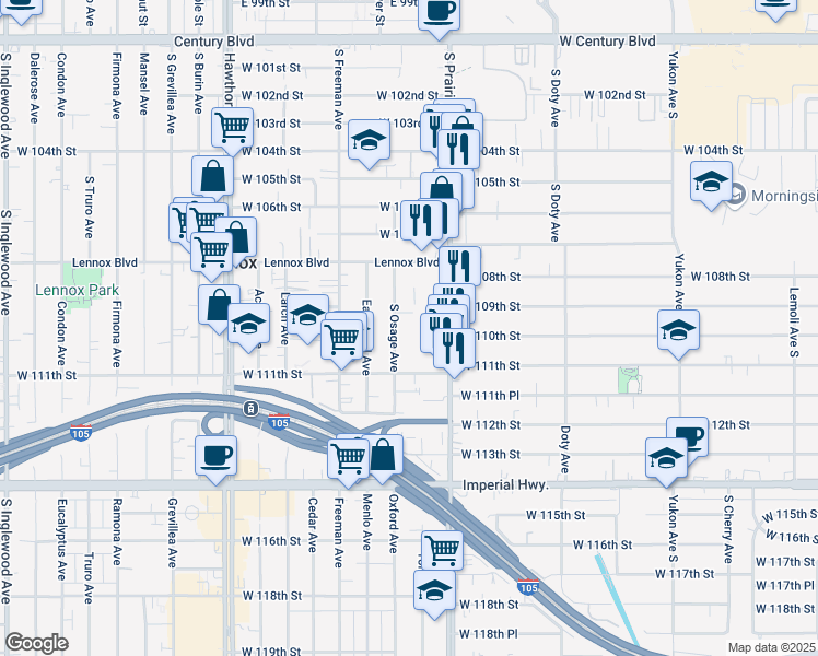 map of restaurants, bars, coffee shops, grocery stores, and more near 10936 South Osage Avenue in Inglewood