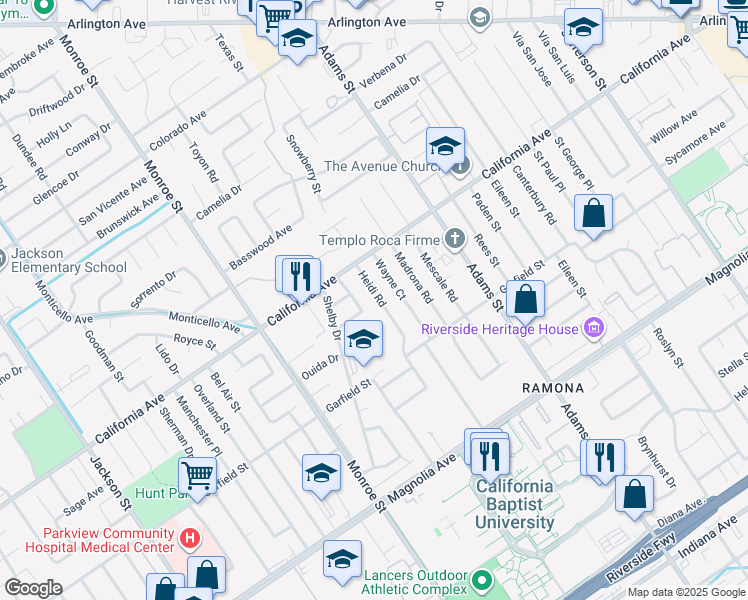 map of restaurants, bars, coffee shops, grocery stores, and more near 4128 Heidi Road in Riverside