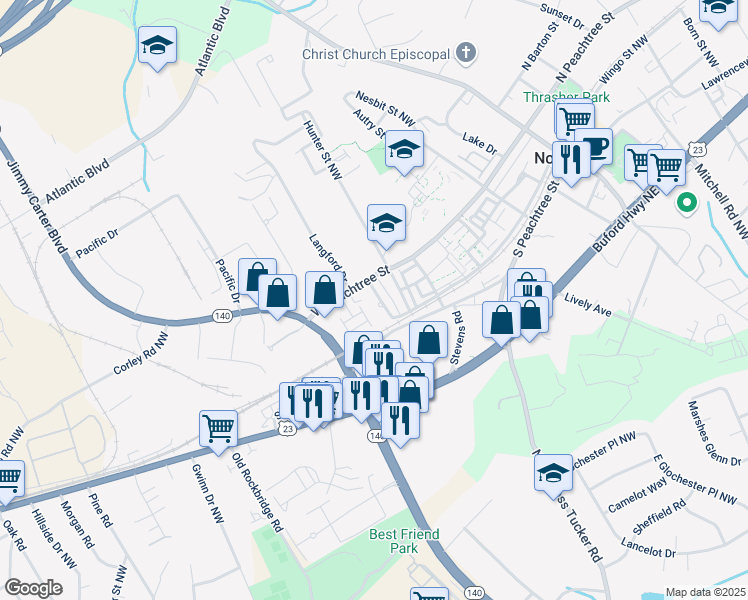 map of restaurants, bars, coffee shops, grocery stores, and more near 161 Kelly Street Northwest in Norcross