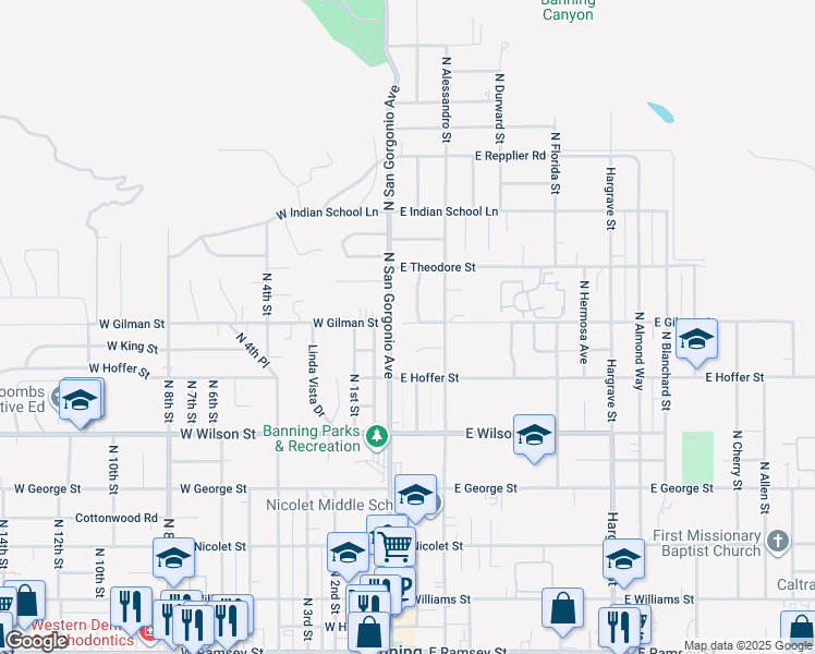 map of restaurants, bars, coffee shops, grocery stores, and more near 2 West Gilman Street in Banning