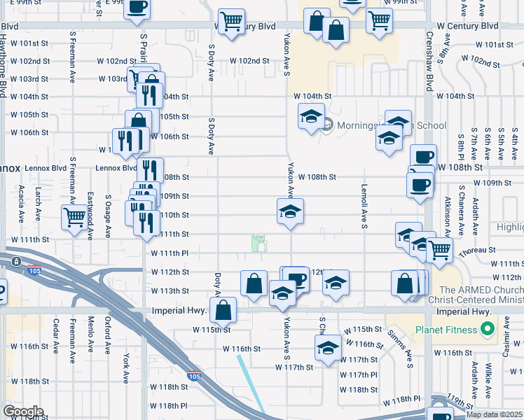 map of restaurants, bars, coffee shops, grocery stores, and more near 3645 West 110th Street in Inglewood