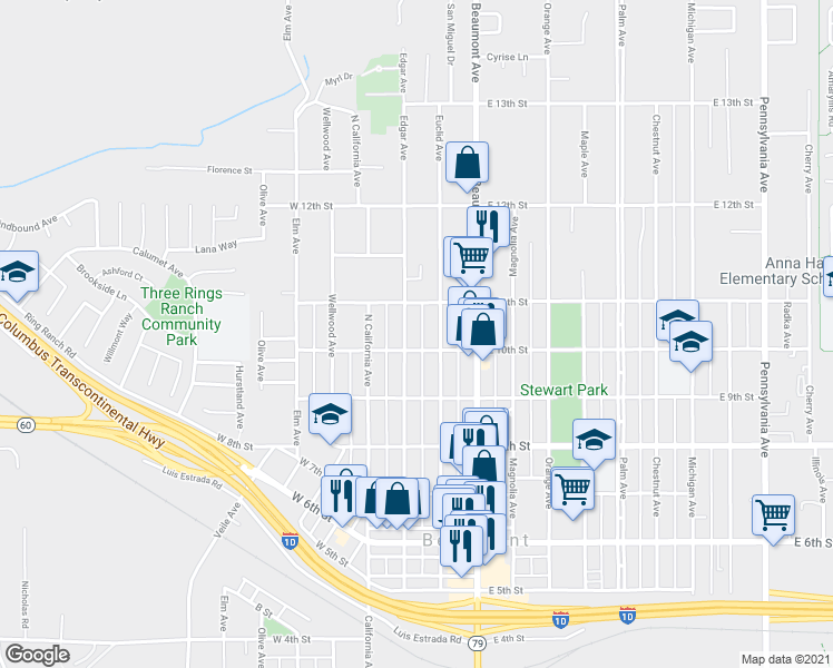 map of restaurants, bars, coffee shops, grocery stores, and more near 1026 Edgar Avenue in Beaumont