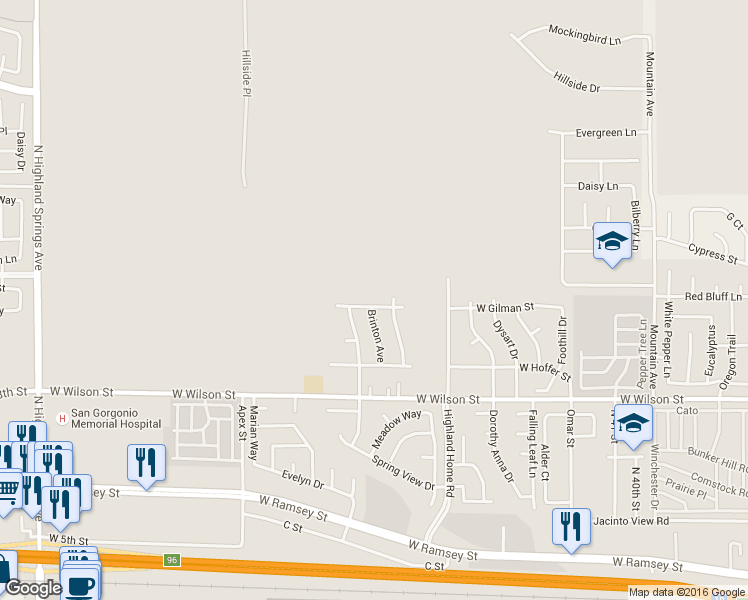 map of restaurants, bars, coffee shops, grocery stores, and more near 5087 West Gilman Street in Banning