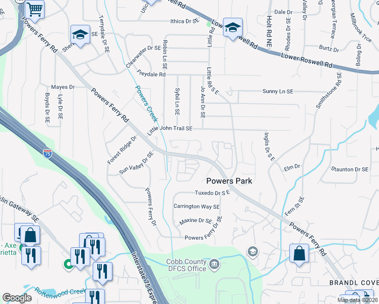 map of restaurants, bars, coffee shops, grocery stores, and more near 582 Harcourt Place Southeast in Marietta