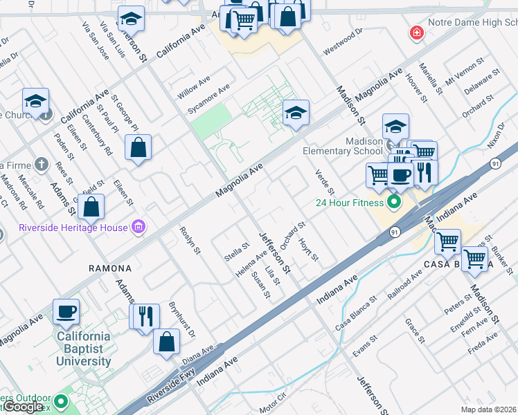 map of restaurants, bars, coffee shops, grocery stores, and more near 3715 Jefferson Street in Riverside