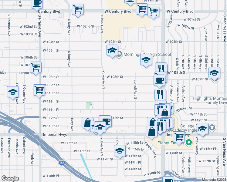 map of restaurants, bars, coffee shops, grocery stores, and more near 3517 West 110th Street in Inglewood