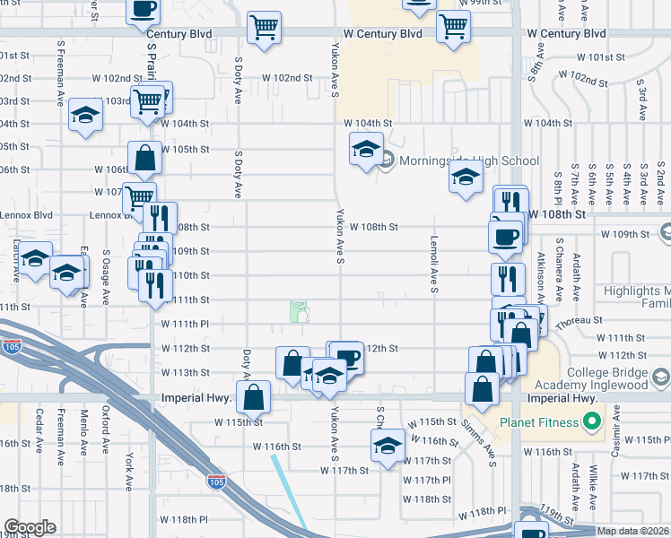 map of restaurants, bars, coffee shops, grocery stores, and more near 10929 Yukon Avenue South in Inglewood