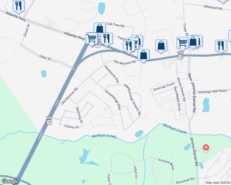 map of restaurants, bars, coffee shops, grocery stores, and more near 125 Stonehenge Place in Bogart