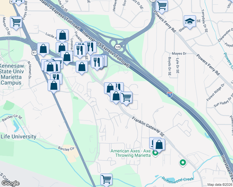 map of restaurants, bars, coffee shops, grocery stores, and more near 11 Rue Normandy in Marietta