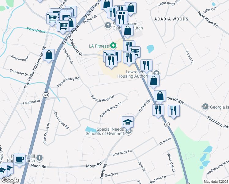 map of restaurants, bars, coffee shops, grocery stores, and more near 342 Summit Ridge Dr in Lawrenceville