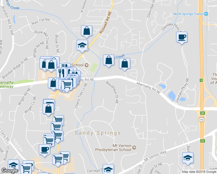 map of restaurants, bars, coffee shops, grocery stores, and more near 6650 Williamson Drive Northeast in Atlanta
