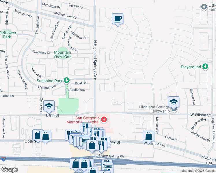 map of restaurants, bars, coffee shops, grocery stores, and more near 1157 Blackbrush Way in Banning