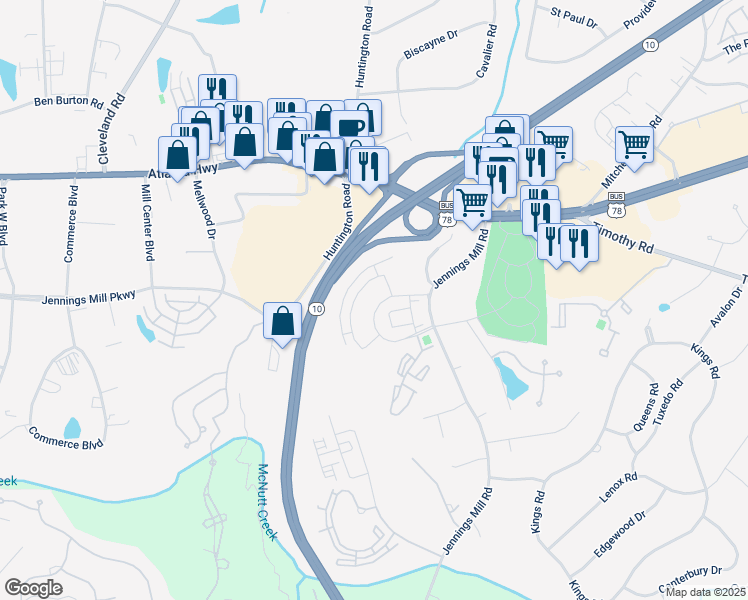 map of restaurants, bars, coffee shops, grocery stores, and more near 236 Westpark Drive in Athens