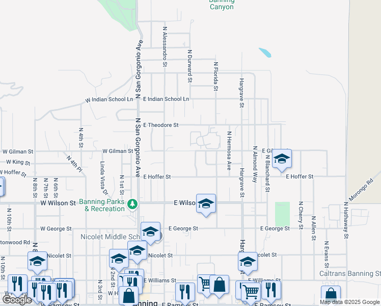 map of restaurants, bars, coffee shops, grocery stores, and more near 1181 North Durward Street in Banning