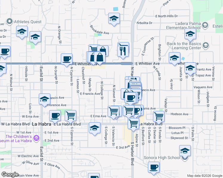 map of restaurants, bars, coffee shops, grocery stores, and more near 907 East Francis Avenue in La Habra