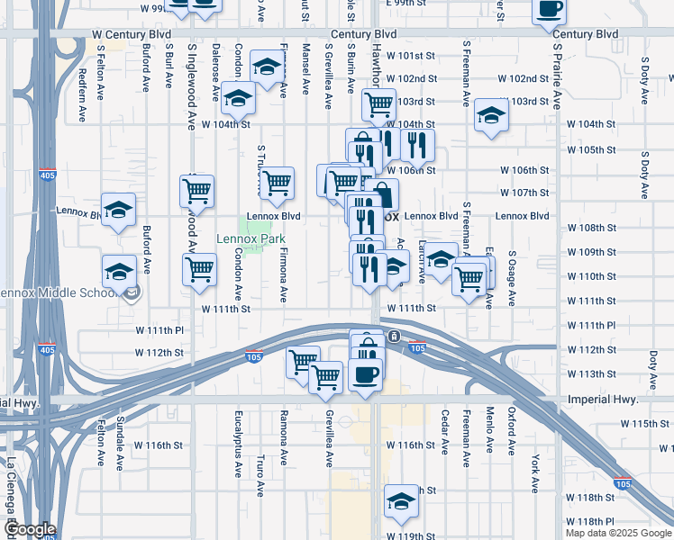map of restaurants, bars, coffee shops, grocery stores, and more near 10934 South Grevillea Avenue in Inglewood