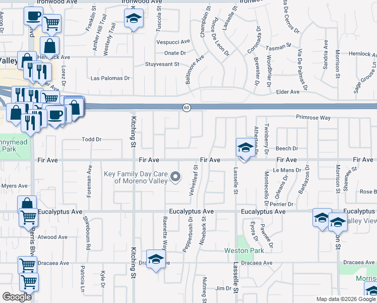 map of restaurants, bars, coffee shops, grocery stores, and more near 25773 Sweetleaf Street in Moreno Valley