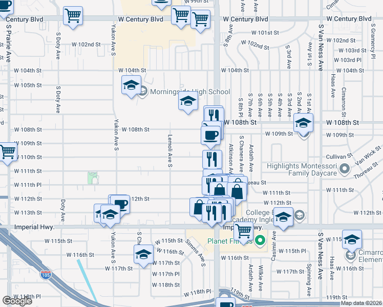 map of restaurants, bars, coffee shops, grocery stores, and more near 3221 West 110th Street in Inglewood
