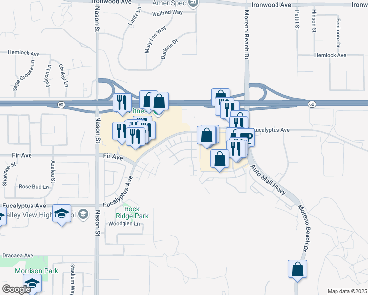 map of restaurants, bars, coffee shops, grocery stores, and more near 27416 Red Rock Road in Moreno Valley