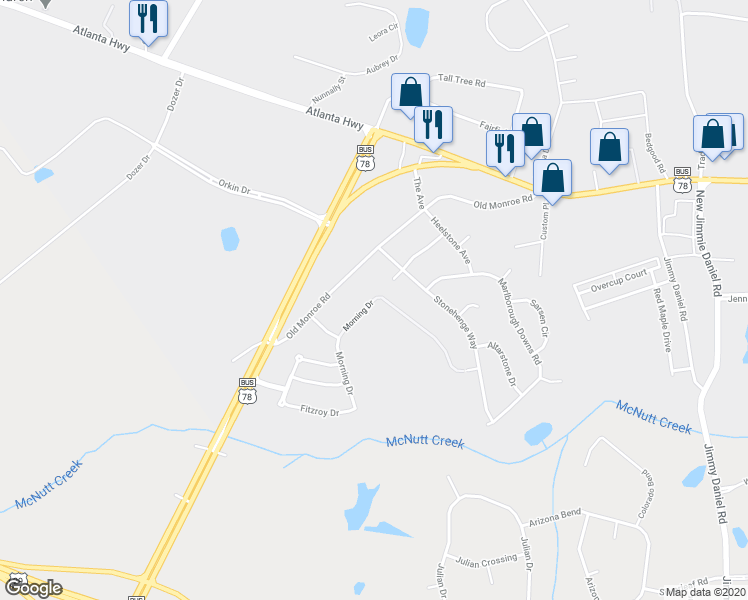 map of restaurants, bars, coffee shops, grocery stores, and more near 363 Morning Drive in Bogart