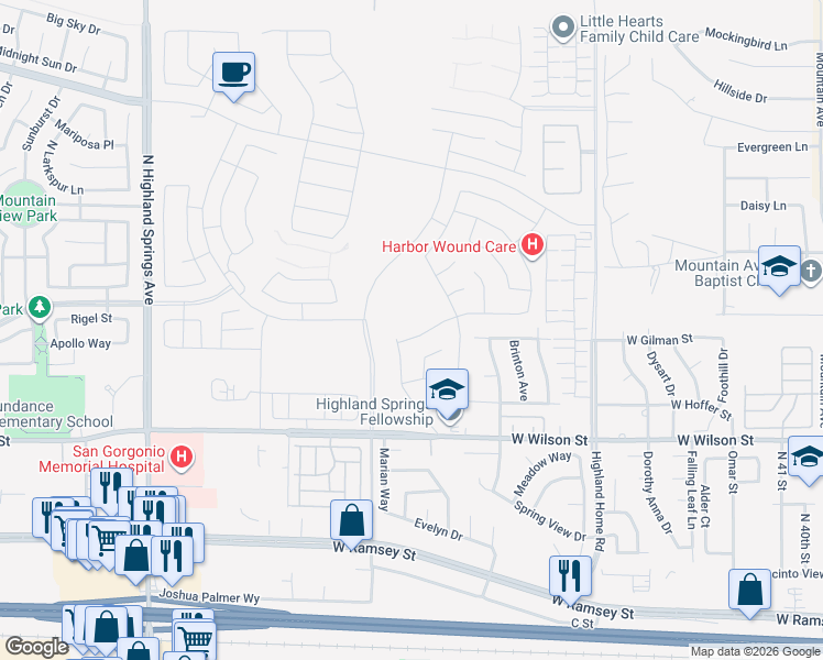 map of restaurants, bars, coffee shops, grocery stores, and more near 5233 West Gilman Street in Banning