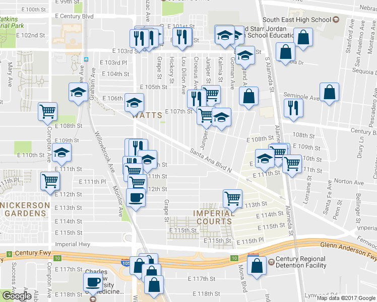map of restaurants, bars, coffee shops, grocery stores, and more near 2114 Santa Ana Boulevard North in Los Angeles