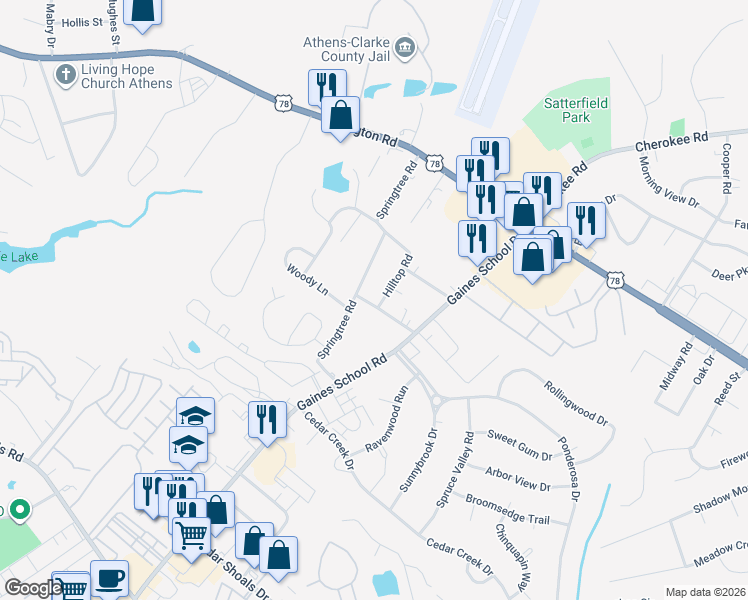 map of restaurants, bars, coffee shops, grocery stores, and more near 218 Sunnyview Road in Athens