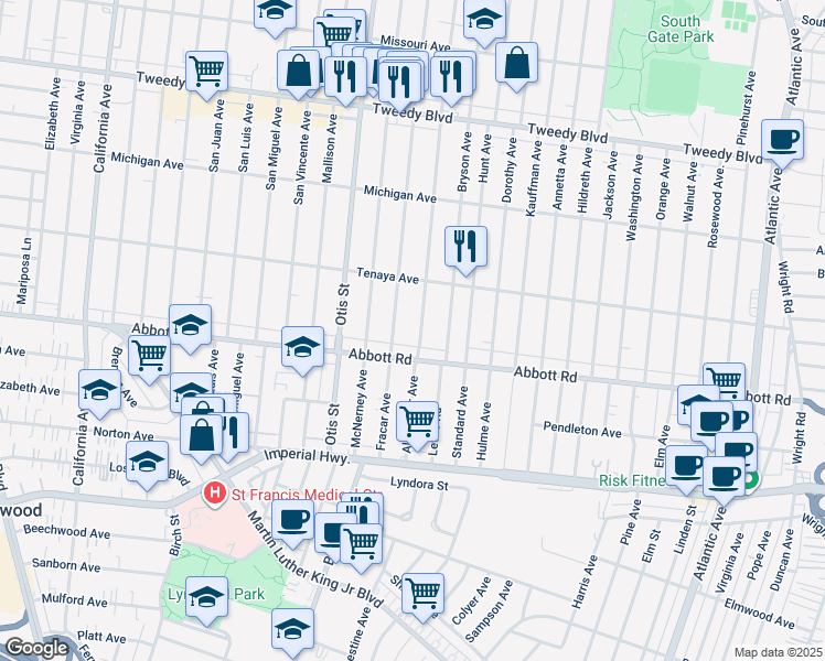map of restaurants, bars, coffee shops, grocery stores, and more near 10531 Alexander Avenue in South Gate