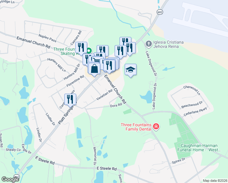 map of restaurants, bars, coffee shops, grocery stores, and more near 2600 Emanuel Church Road in West Columbia