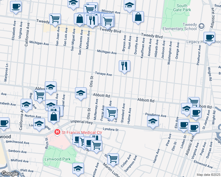map of restaurants, bars, coffee shops, grocery stores, and more near 10531 Alexander Avenue in South Gate