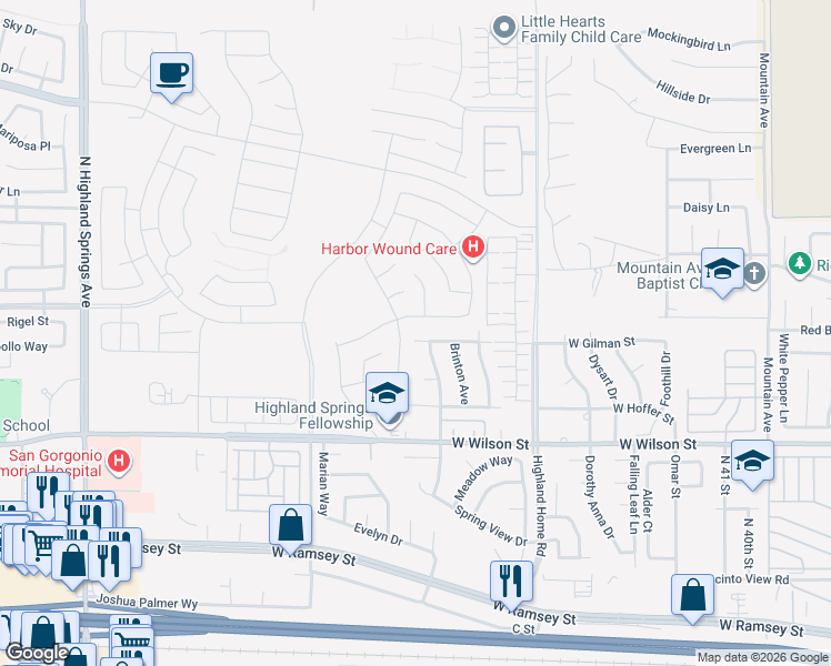 map of restaurants, bars, coffee shops, grocery stores, and more near 5233 West Gilman Street in Banning