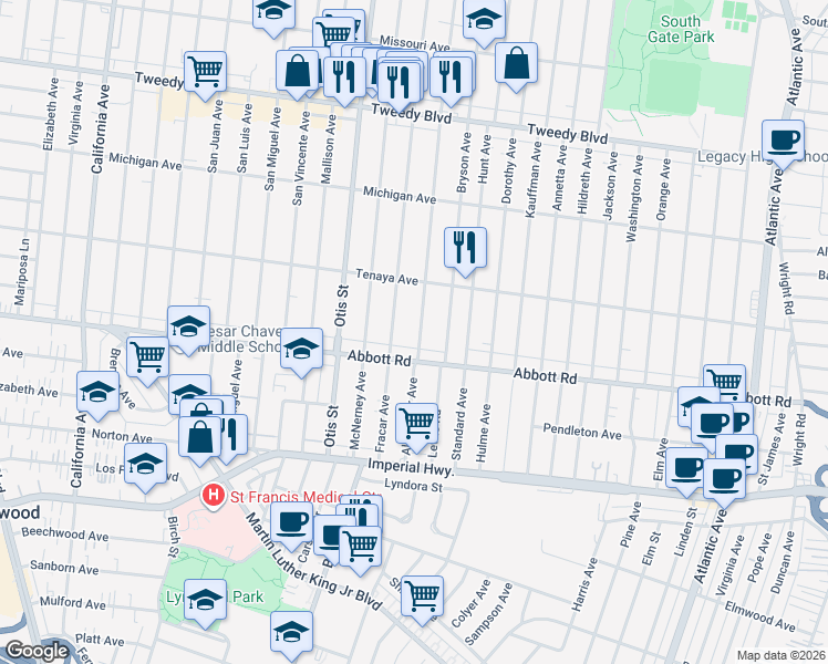 map of restaurants, bars, coffee shops, grocery stores, and more near 10531 Alexander Avenue in South Gate