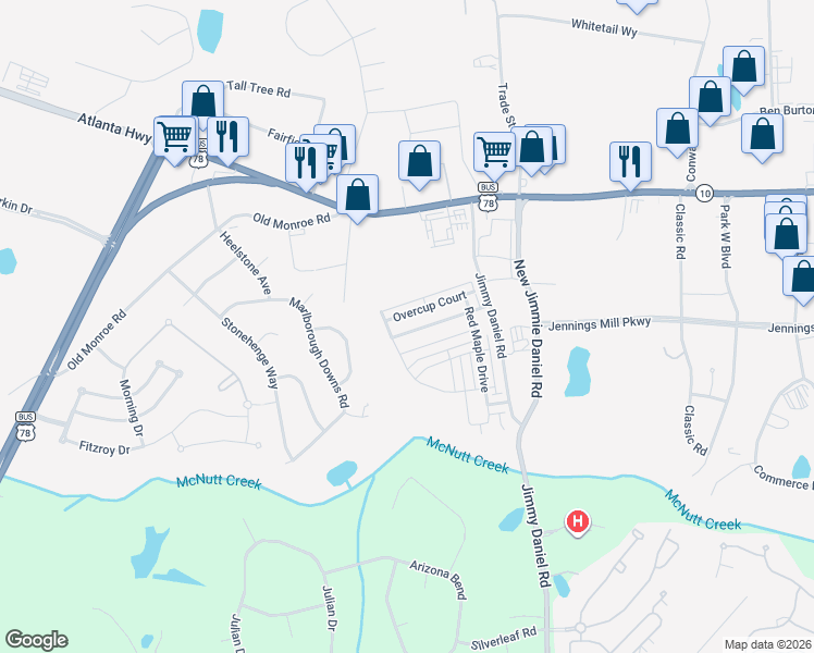 map of restaurants, bars, coffee shops, grocery stores, and more near 616 Creek Pointe Drive in Bogart