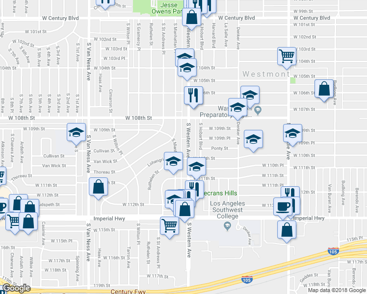 map of restaurants, bars, coffee shops, grocery stores, and more near 10947 South Western Avenue in Los Angeles