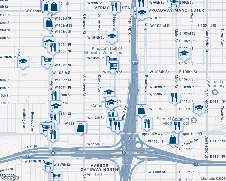 map of restaurants, bars, coffee shops, grocery stores, and more near 10961 South Figueroa Street in Los Angeles