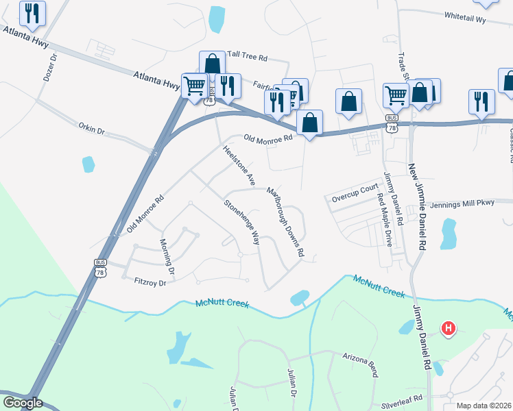 map of restaurants, bars, coffee shops, grocery stores, and more near 125 Stonehenge Place in Bogart