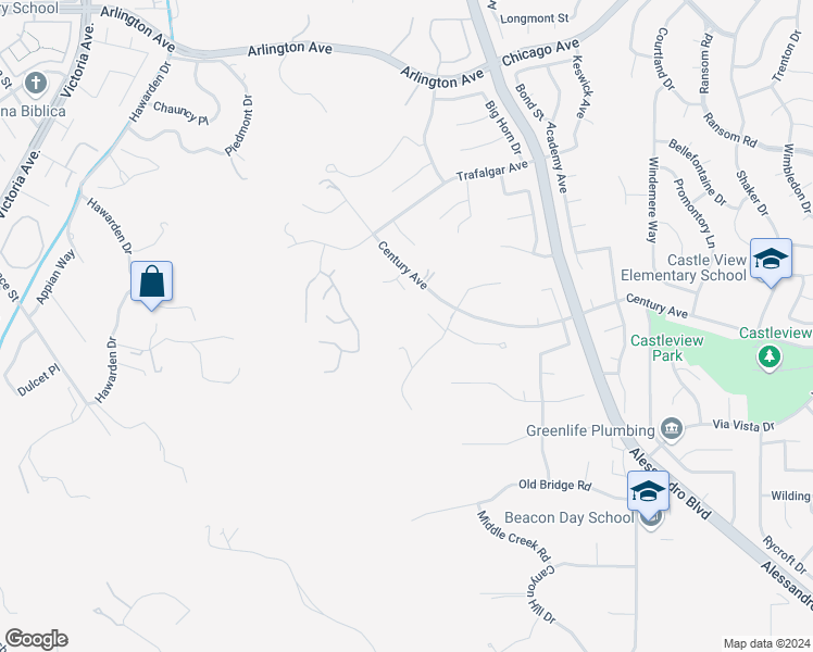 map of restaurants, bars, coffee shops, grocery stores, and more near Century Avenue in Riverside